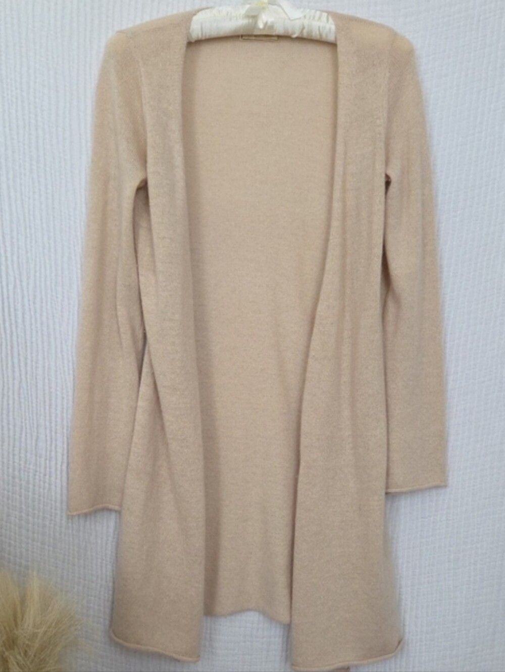 Anthropologie Guinevere Beige Open-Front Long Cardigan with Sparkle Detailing